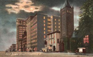 Vintage Postcard 1909 East Broad Street Moonlight View Buildings Columbus Ohio