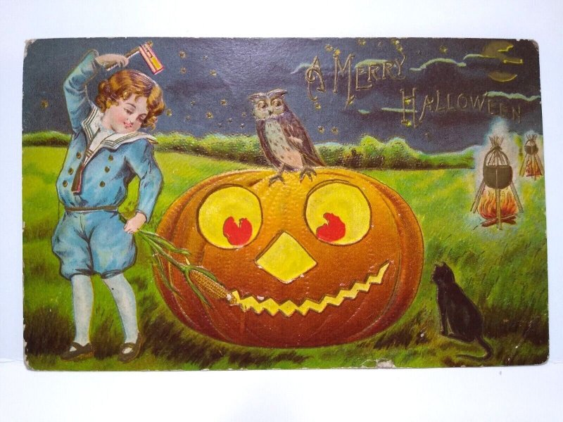 Victorian Halloween Postcard Fantasy Child JOL US Flag Black Cat Owl Cauldrons