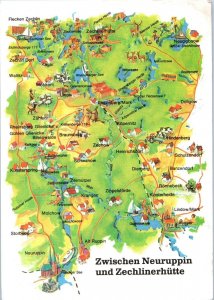 Map between Neuruppin and Zechlinerhutte Germany Postcard Posted