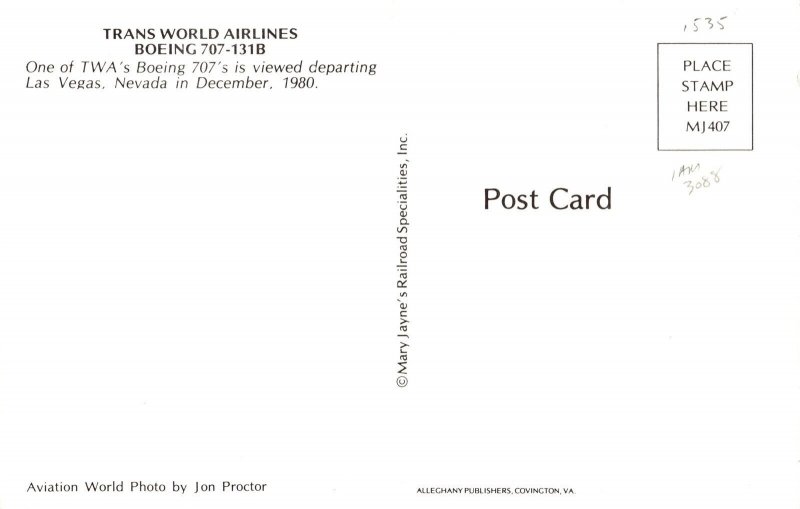TWA Trans World Airlines Boeing 707-131B Postcard J44