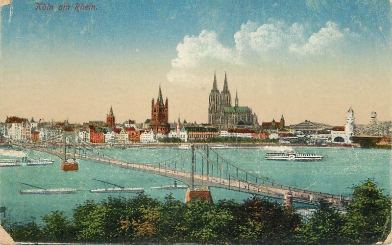 Germany navigation themed postcard Koln am Rhein paddle steamer bridge