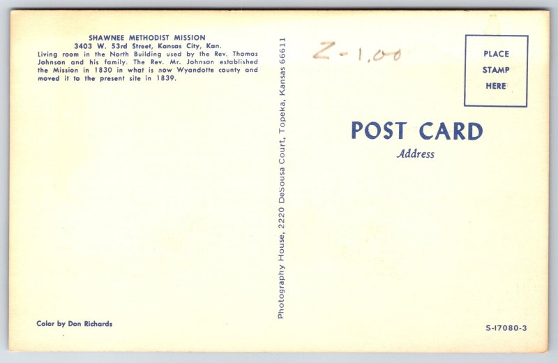 Interior~Kansas City KS~Shawnee Methodist Mission Living Room~Vintage Postcard