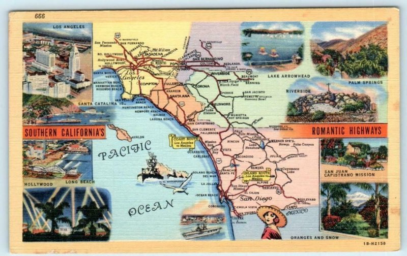 ROMANTIC HIGHWAYS of SOUTHERN CALIFORNIA, CA  Roadside 1940s Linen Map Postcard