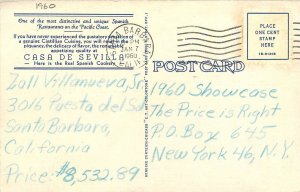 Postcard 1960s California Santa Barbara Casa De Sevilla restaurant CA24-3104
