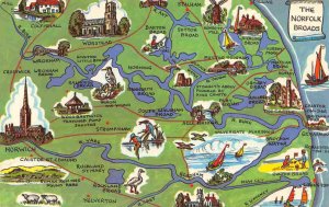 Norfolk Broads Illustrated Road Map UK postcard