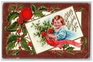 1910 Christmas Little Girl Holly Berries Ribbon Embossed Detroit MI Postcard