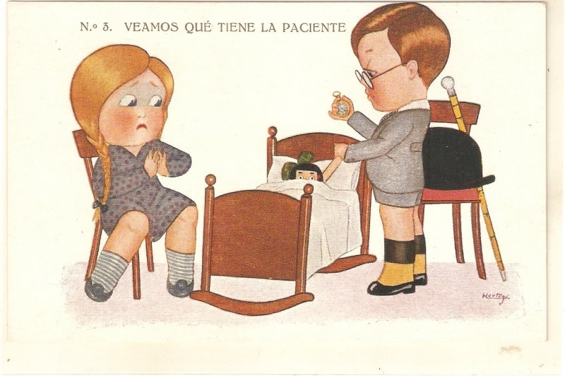 E. Hertogs. Children. Playing doctor and patient Nice vintage Spanish PC