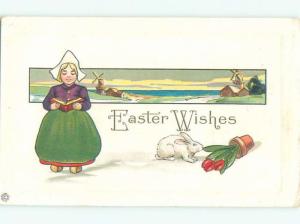 Pre-Linen Easter CUTE BUNNY RABBIT BESIDE GIRL READING AB3588