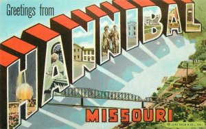 Hannibal Missouri Large Letters Multi View Teich 1940s Postcard 21-90