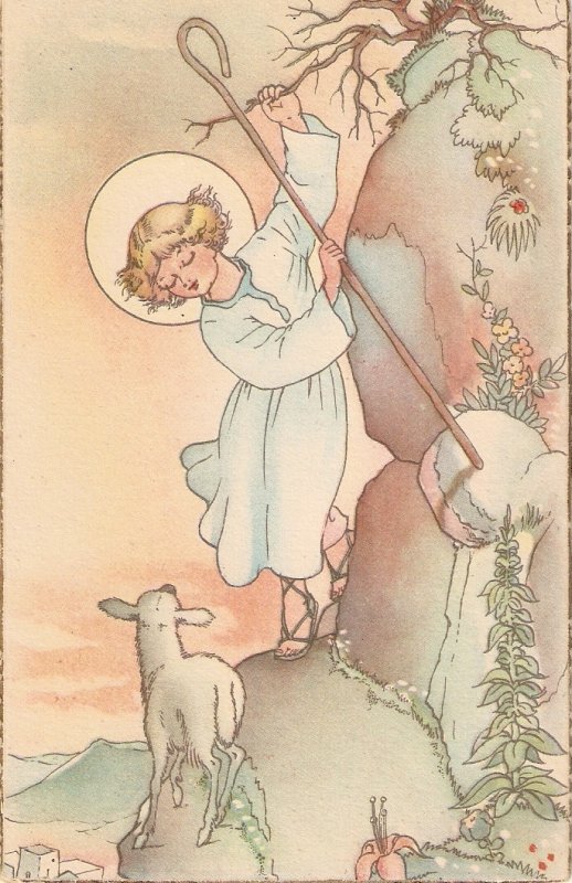 GInfant Jesus rescuing a lamb Nice vintage Spanish religious postcard