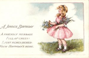 #Little girl carrying flowers. Birthday Message  Vintage American Greetings PC