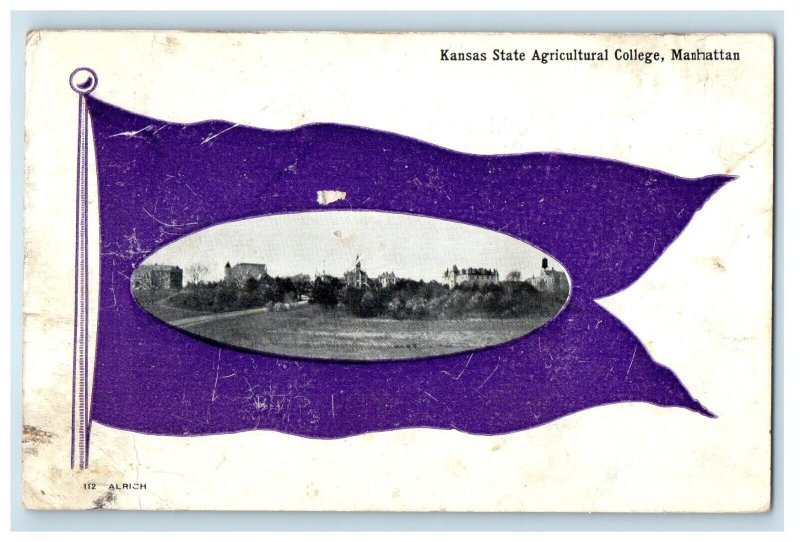 1913 Kansas State Agricultural College Manhattan Lawrence KS Pennant Postcard 