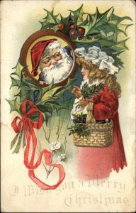 Christmas Santa Claus Fancy Girl Wicker Basket Embossed c1900s-20s Postcard