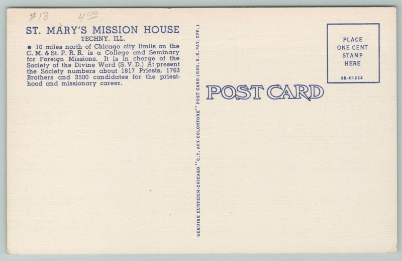 Techny Illinois~St Mary's Mission House~Guest House~Vintage Postcard