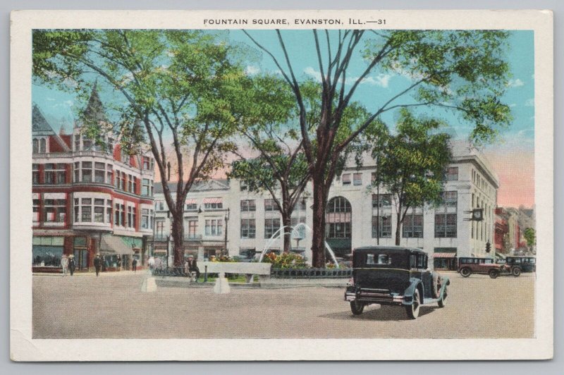 Evanston Illinois~Fountain Square~Shops Behind~Street Clock~1920s