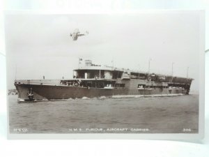 HMS Furious Aircraft Carrier Vintage Postcard Nice Port View With Biplane