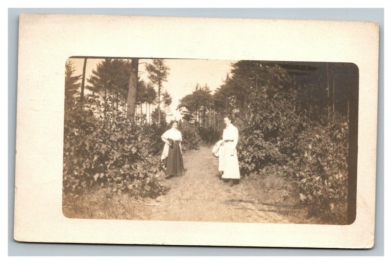 Vintage 1911 RPPC Postcard Two Women on a Trail Brockton Massachusetts