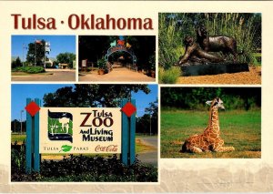 OK, Oklahoma TULSA ZOO & LIVING MUSEUM  Sign~Giraffe~Lion Statue  4X6 Postcard