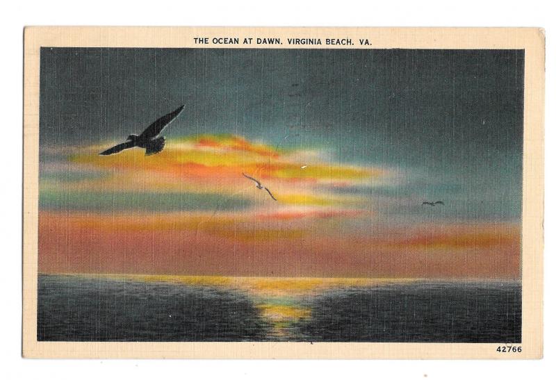 Ocean at Dawn Gulls Flying Virginia Beach VA Vintage 1938 Linen Postcard