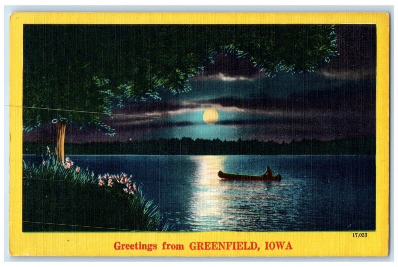c1940 Greetings From Lake River Moon Night Greenfield Iowa IA Vintage Postcard