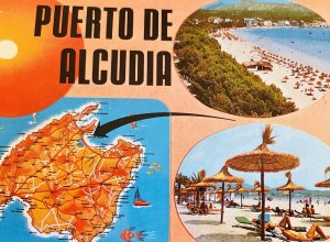 Puerto de Alcudia Mallorca Majorca Tourist  Beach Map Island Vintage Postcard