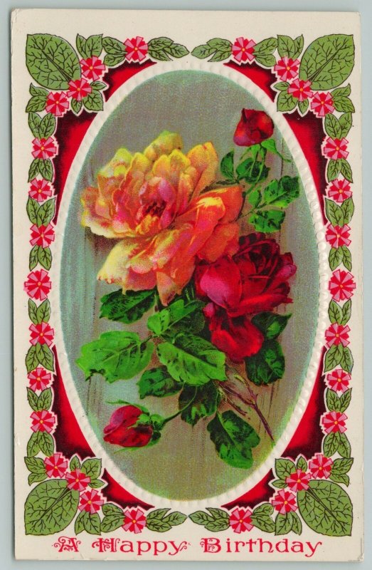 Flowers Greetings~Yellow and Red Roses~Flower Border~c1910 Gel Postcard