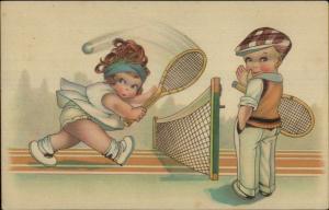 Art Deco - Cute Kids Play Tennis Girls Skirt Flies UP Old Postcard