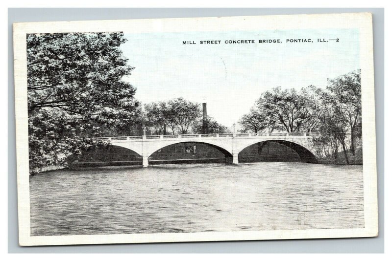 Vintage 1938 Colorized Postcard Mill Street Concrete Bridge Pontiac Illinois