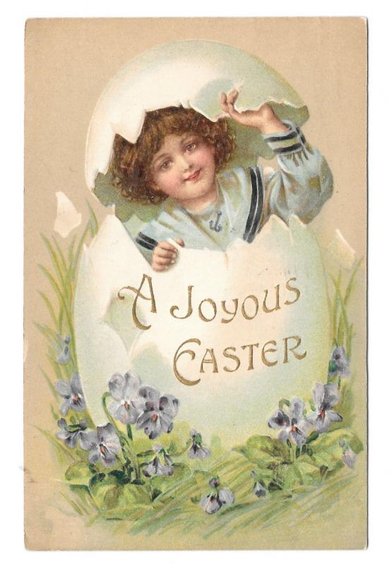 Joyous Easter Girl Hatches from Egg Violets Vintage Embossed 1909 Postcard