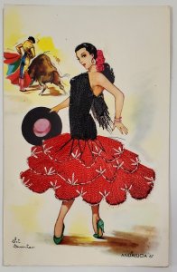 Andalucia Beautiful Spanish Woman Black Red Silk Embroidered Dress Postcard E27