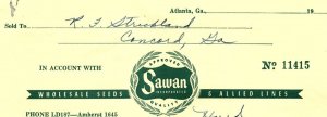 1952 SAWAN WHOLESALE SEEDS & ALLIED LINES ATLANTA GA  BILLHEAD CREDIT Z983