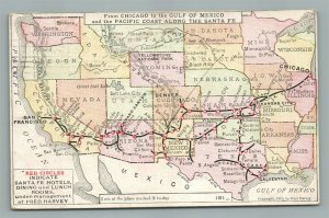 SANTA FE RAILROAD MAP ANTIQUE POSTCARD FROM CHICAGO TO GULF OF MEXICO