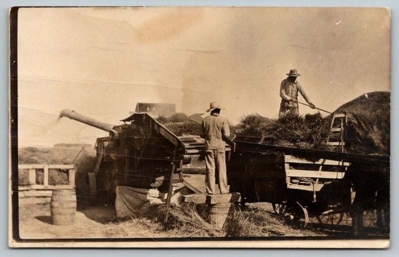 Real Photo Postcard~Farmers Threshing Close Up~See my Back Face is Dirty~c1908 