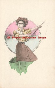 Unknown Artist, Fishing, Woman in a Row Boat with a Fishing Pole, Hand Colored