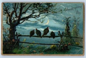 Thanksgiving Day Halloween Vultures Turkeys On Fence Crescent Moon Tuck Postcard