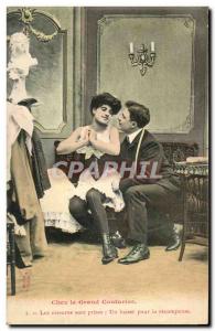 Fancy Old Postcard LChez the great couturier Measurements are taken: a kiss f...