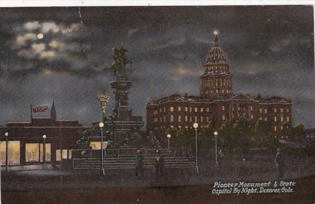 Colorado Denver Pioneer Monument & State Capitol By Night 1915