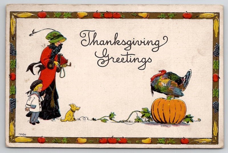 Thanksgiving Greeting Woman Boy Dog Turkey Pumpkin Postcard V21