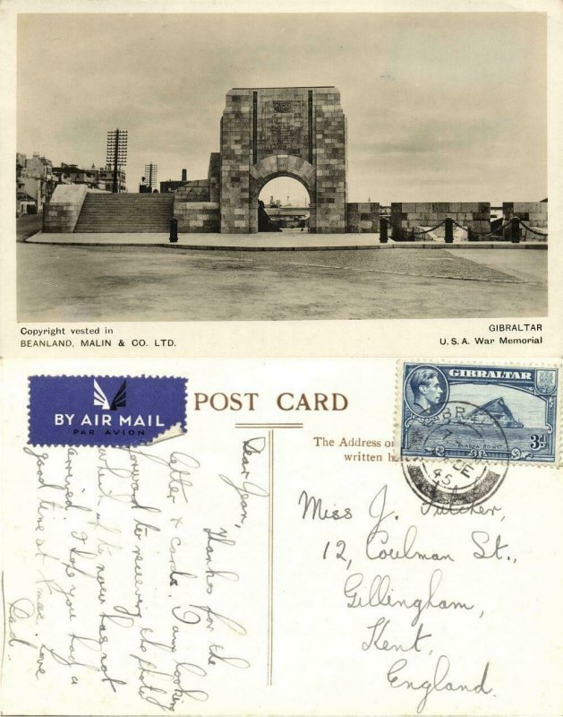 Gibraltar, U.S.A. War Memorial (1945) RPPC Postcard