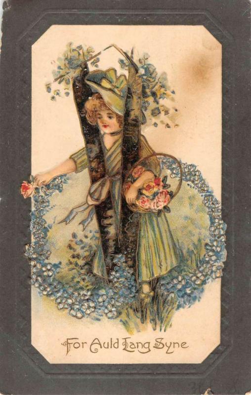 New Year Auld Lang Syne Flower Woman Antique Postcard K78493