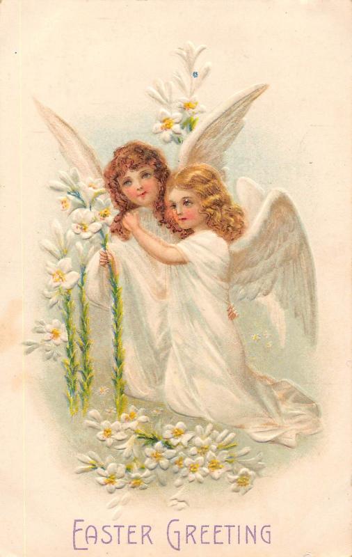Easter Greeting two girl angels hugging lightly embossed antique pc Z16006