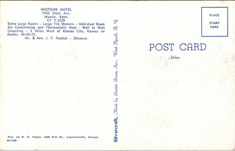 Vtg 1950s Westside Motel Muncie Kansas KS Unused Postcard