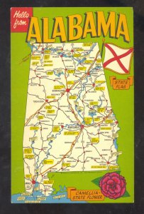 HELLO FROM ALABAMA STATE MAP VINTAGE POSTCARD