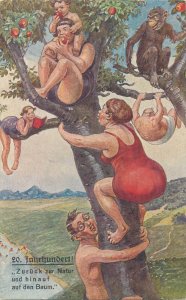 German humor 20th century Back to nature and up the tree people ape caricature 
