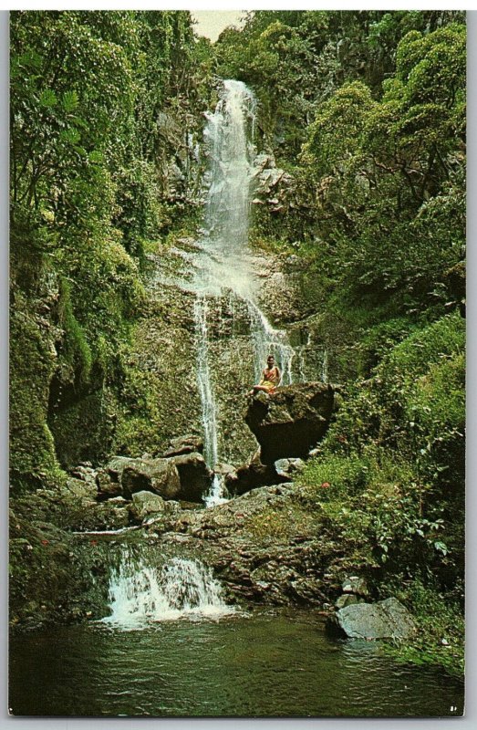 Woman Sitting on Rock at Wailua Falls in Hana Maui Hawaii Postcard