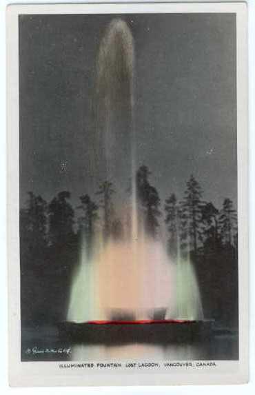 RPPC of Illuminated Fountain, Lost Lagoon, Vancouver, British Columbia, BC