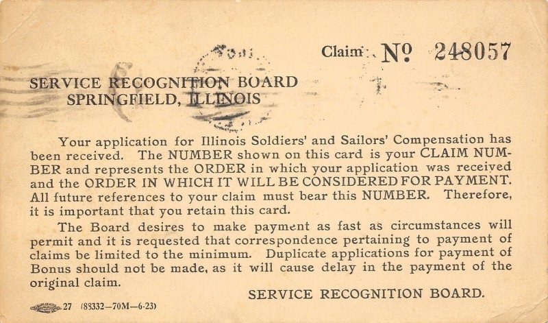 Springfield IL~WWI Service Recognition Board~Soldier Sailor Compensation~1923