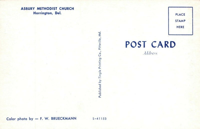 Asbury Methodist Church Harrington Delaware Vintage Chrome Post Card