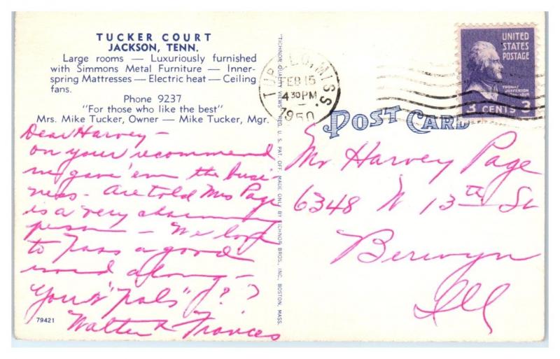 1950 Tucker Court, Jackson, TN Postcard