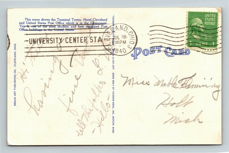 Cleveland OH, US Post Office, Terminal Group, Hotel, Linen Ohio c1940 Postcard